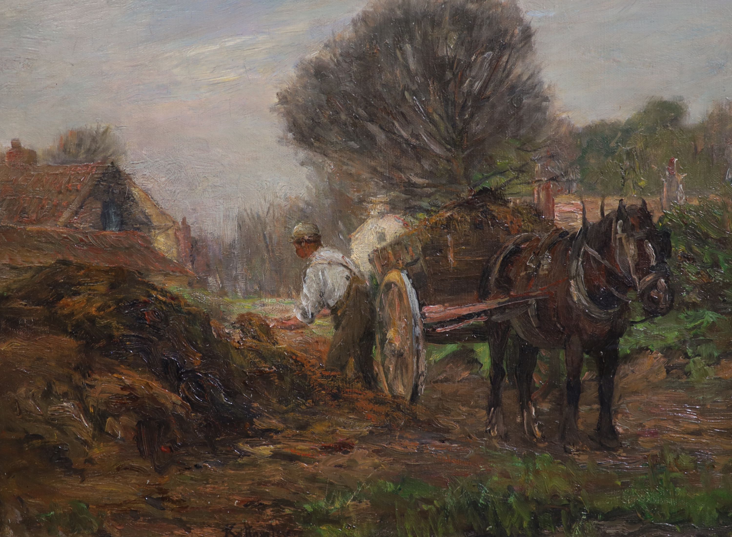 Albert Ernest Bottomley (1873-1950), Labourer loading a farm cart, Oil on canvas, 34 x 45 cm.